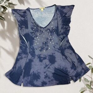 Energe World Wear Blue Tie Dye Star Studded Top Y2K Sheer Celestial Small